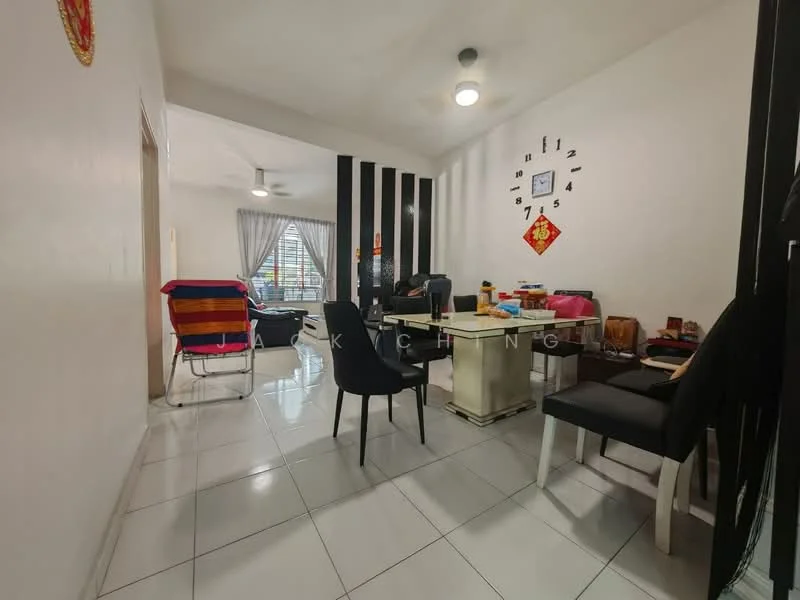 Living features: white painted walls, black accent wall, glossy white tile flooring, ceiling fan, round wall clock, dining table with chairs, two armchairs, decorative items on table, curtains on window, natural light from window; style: modern.