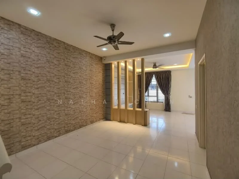 Room features: cream painted walls, feature wall with stone cladding, white tiled flooring, ceiling with recessed lighting, 5-blade ceiling fan, large window with sheer curtains, decorative partition, wall-mounted light fixtures; style: modern.