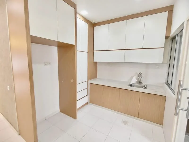 Kitchen features: white upper cabinets, wood lower cabinets, marble countertop, single-bowl stainless-steel sink, chrome pull-down faucet, tile flooring, wall-mounted cabinet, built-in storage drawers, window for natural light; style: modern.
