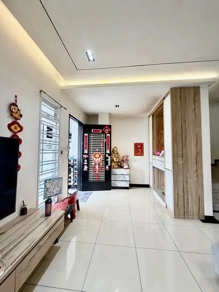 Living features: white painted walls, recessed ceiling lights, polished ceramic tile flooring, wooden TV console, wall-mounted TV, decorative wall art, sliding glass door, black decorative cabinet, golden statue, built-in cabinetry, neutral color palette, open layout; style: modern.