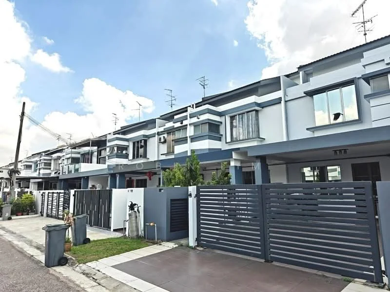 Exterior type: linked terrace house; features: grey painted facade, recessed balconies, flat roof, two-storey, manicured lawn, paved walkway, fence with horizontal slats, multiple antennas on roof, driveway with interlocking pavers; style: modern.