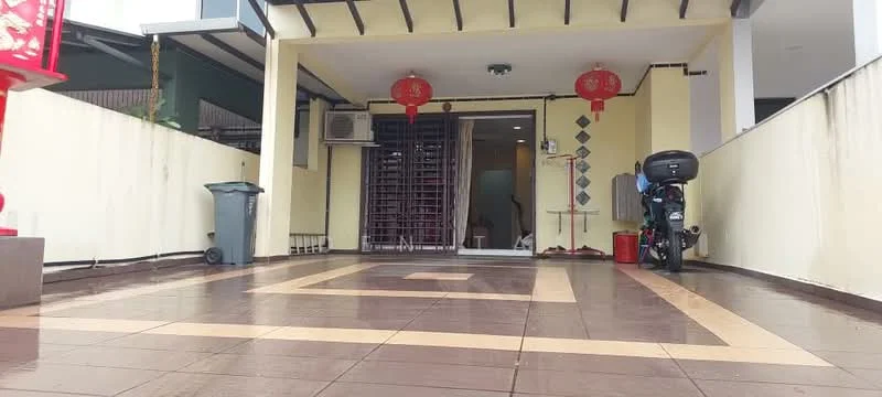 Exterior type: linked terrace house; features: tiled flooring, covered porch area, red lanterns hanging from ceiling, wall-mounted air conditioning unit, security grille door, garbage bin, motorcycle parked, decorative wall tiles, outdoor lighting, manicured edges; style: modern.