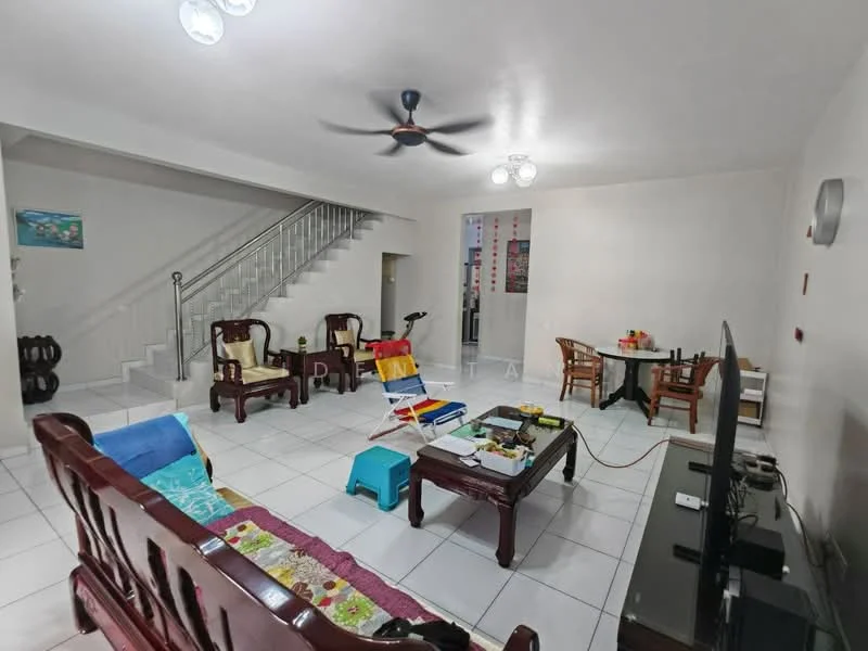 Living features: white painted walls, ceramic tile flooring, 5-blade ceiling fan with light, sofa set with wooden frame, 2 armchairs with cushions, coffee table, TV console, wall-mounted TV, decorative wall art, staircase in background, dining table with chairs, exercise bike, area rug; style: modern.