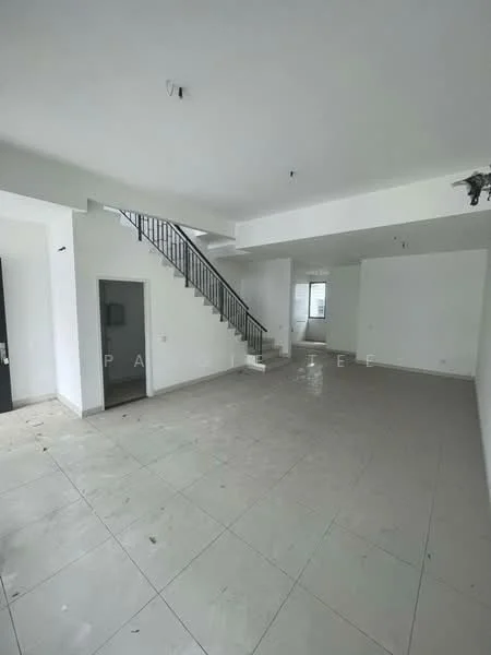 Room features: white painted walls, tile flooring, staircase with metal railing, large windows, ceiling lights, open layout, no visible furniture, neutral color scheme; style: modern.
