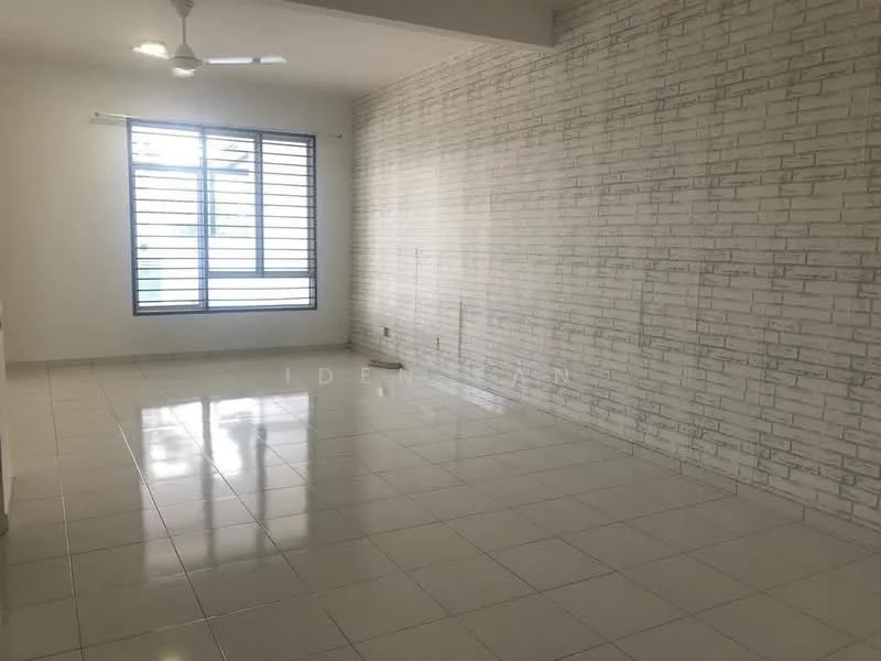 Living features: white painted walls with brick pattern, glossy white tile flooring, floor-to-ceiling windows, horizontal slatted window treatments, ceiling fan, natural light from windows; style: modern.