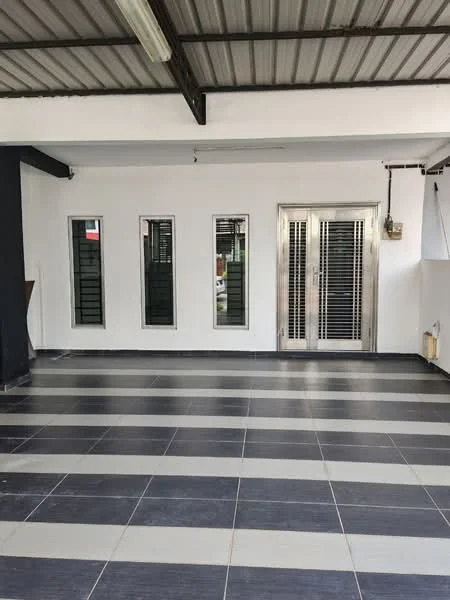 Room features: white painted walls, grey and black tiled flooring, metal framed windows with horizontal slats, double glass doors with metal grilles, exposed ceiling with metal beams, air conditioning unit on wall, fluorescent ceiling lights; style: modern.
