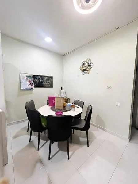 Dining features: round dining table, 6 black dining chairs, white walls, tile flooring, recessed downlights, decorative wall clock, framed artwork, wall-mounted bulletin board; style: modern.