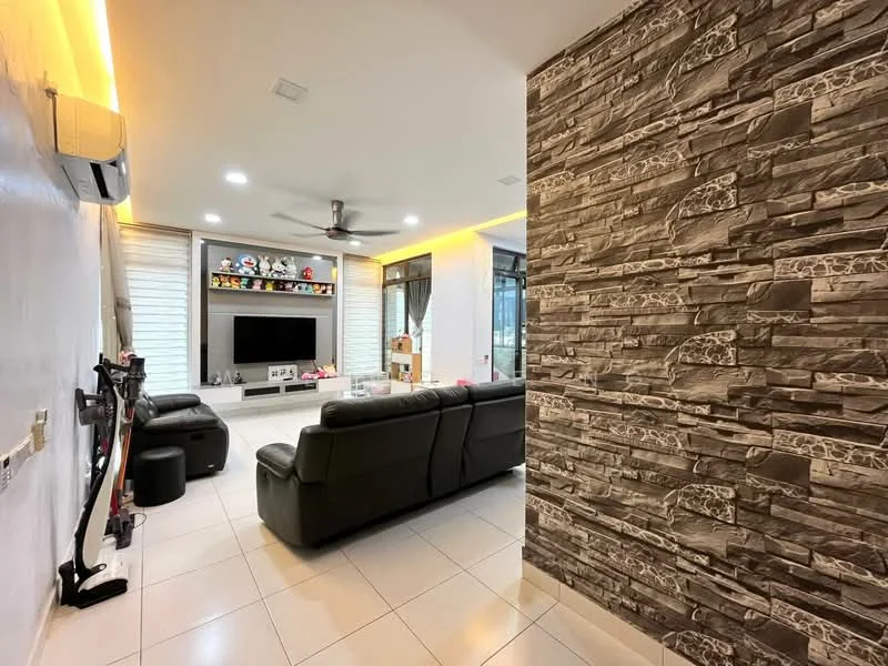Living features: black leather sofa, 2-seater sofa, 3-seater sofa, flat-screen TV on wall-mounted console, decorative wall with stone cladding, white painted walls, recessed LED downlights, ceiling fan, large windows with sheer curtains, tile flooring, wall-mounted air conditioning unit, decorative items on shelves; style: modern.