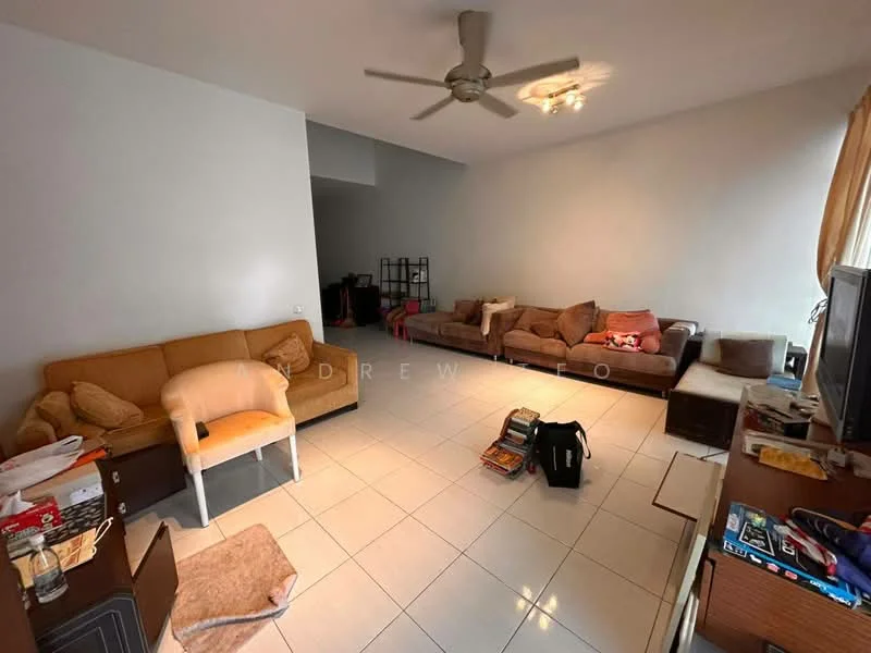 Living features: white painted walls, ceramic tile flooring, 5-blade ceiling fan, sofa in brown fabric, armchair in beige fabric, coffee table, TV console, wall-mounted TV, decorative items on shelves, area rug, natural light from windows, curtains, books on the floor.