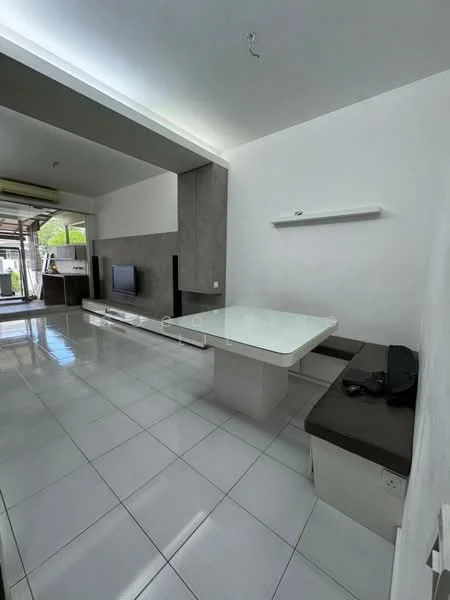Living features: white painted walls, grey accent wall, glossy white tile flooring, recessed ceiling lights, built-in TV console, wall-mounted TV, dining table with white surface, bench seating with dark upholstery, open layout, large windows for natural light; style: modern.