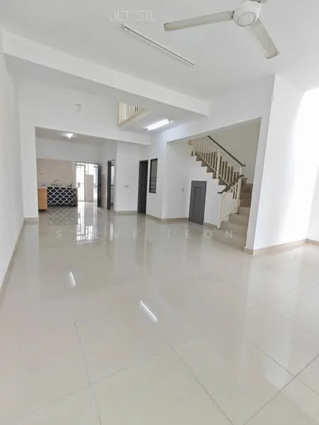 Living features: white painted walls, polished ceramic tile flooring, 5-blade ceiling fan, large windows for natural light, open layout, staircase leading to upper floor, neutral color scheme, recessed lighting; style: modern. Kitchen features: kitchen counter with backsplash, black and white tile backsplash, open to living area, visible cabinetry, appliances not visible; style: modern.