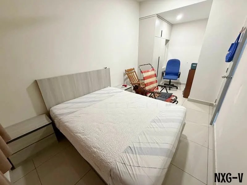 Bedroom features: queen-size bed, light wood headboard, white bedding, nightstand with drawer, tile flooring, white painted walls, built-in wardrobe, office chair, wooden rocking chair, desk, window with curtain; style: modern.