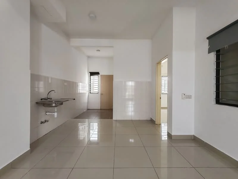 Room features: white painted walls, glossy ceramic tile flooring, single-bowl stainless-steel sink, wall-mounted faucet, window with black metal grilles, doorway leading to another room, recessed ceiling light, neutral color palette; style: modern.