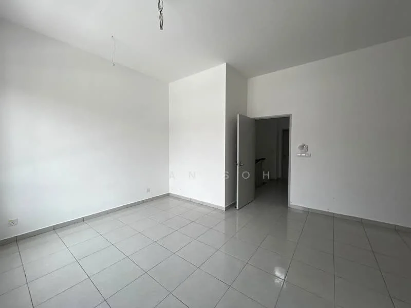 Room features: white painted walls, grey ceramic tile flooring, single door, door frame, light fixture wiring, no visible furniture, empty space; style: minimalist.