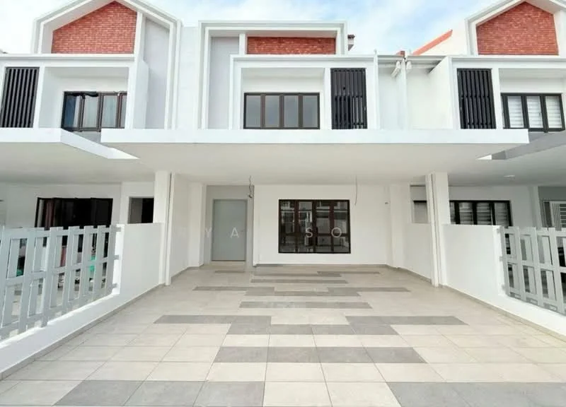 Exterior type: linked terrace house; features: white painted facade, red brick accents, flat roof, paved flooring, balconies with black railings, large windows, covered porch area, manicured landscaping, fenced perimeter, two-storey structure; style: modern.
