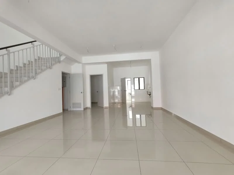 Room features: white painted walls, glossy ceramic tile flooring, staircase with white railing, large windows, recessed downlights, open layout, neutral color scheme, high ceiling; style: modern.