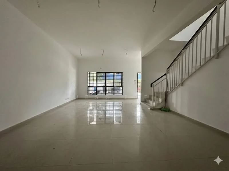 Living features: white painted walls, polished ceramic tile flooring, large windows with black metal grilles, staircase with white railing, high ceiling, no visible furniture, natural light from windows, open layout; style: modern.