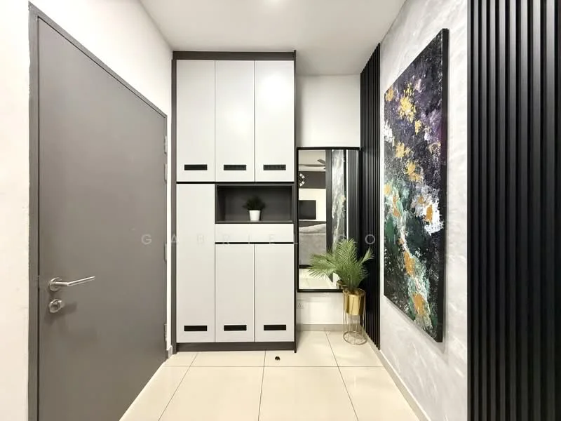 Room features: grey painted door, white cabinetry with flat-panel design, mirror on wall, black vertical wall panels, white marble accent wall, tile flooring, decorative plant in gold pot, framed abstract artwork; style: modern.