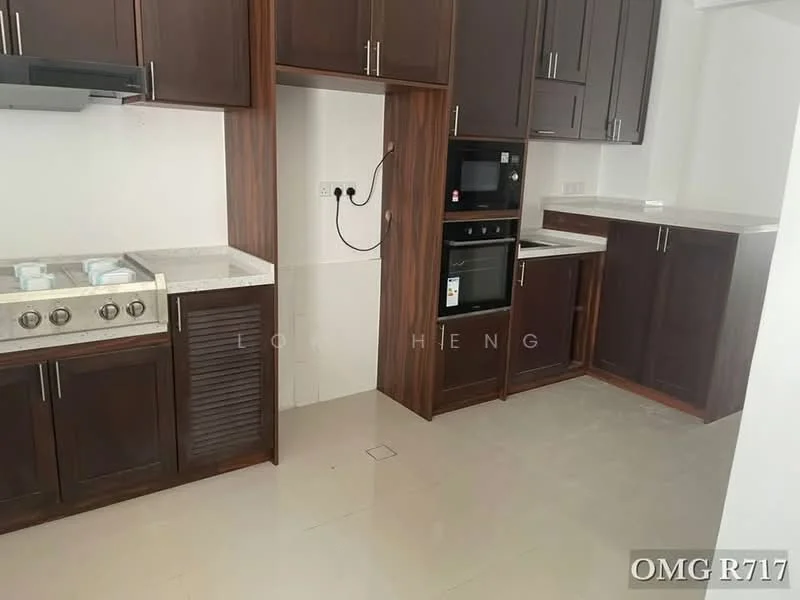 Kitchen features: dark wood cabinetry, white countertop, stainless-steel gas hob with 4 burners, built-in oven, microwave, ceramic tile flooring, white backsplash, single-bowl stainless-steel sink, chrome pull-down faucet, wall-mounted range hood; style: modern.