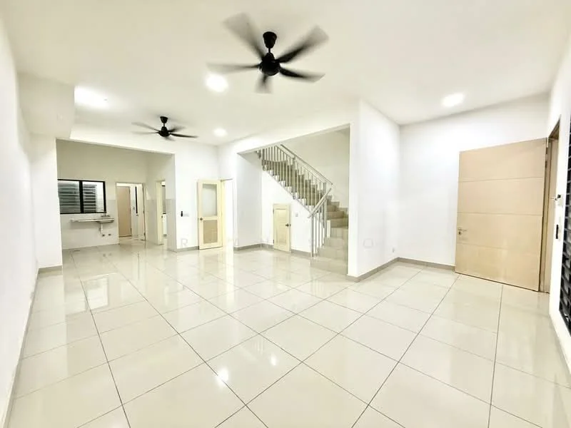Living features: white painted walls, glossy ceramic tile flooring, 2 ceiling fans, open layout, staircase leading to upper floor, large windows for natural light, neutral color scheme, door leading to hallway; style: modern. Room features: white painted walls, glossy ceramic tile flooring, door leading to kitchen, door leading to bathroom, door leading to utility area.