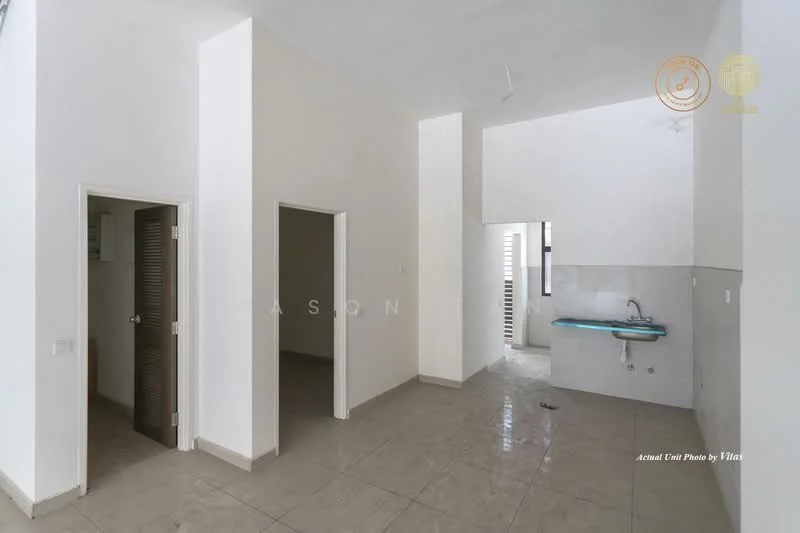 Room features: white painted walls, grey tiled flooring, single-bowl stainless-steel sink, wall-mounted faucet, open layout, doorway leading to another room, window with natural light, high ceiling; style: modern.