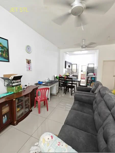 Living features: grey fabric sectional sofa, glass coffee table, wooden sideboard with glass doors, wall clock, framed artwork, white painted walls, ceiling fan, tile flooring, open layout to dining area, natural light from windows; style: modern. Dining features: wooden dining table, black dining chairs, kitchen area visible in background; style: modern.