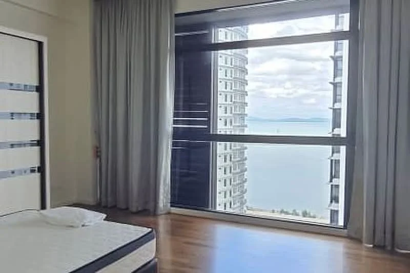 Bedroom features: large floor-to-ceiling windows, sea view, wooden flooring, grey curtains, white walls, unmade bed with mattress, minimalist design, built-in wardrobe; style: modern; view: sea.