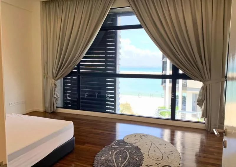 Bedroom features: large floor-to-ceiling windows, blackout curtains, wooden flooring, area rug with decorative pattern, unfurnished with mattress base, sea view, light-colored walls, modern design; style: contemporary; view: sea.