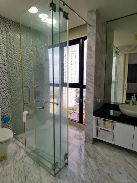 Bathroom features: glass shower enclosure, rain shower head, marble tile flooring, white ceramic toilet, single-sink vanity with round basin, mirror above vanity, wall-mounted storage cabinet, mosaic tile accent wall, large window with city view, recessed downlights; style: modern; view: city.
