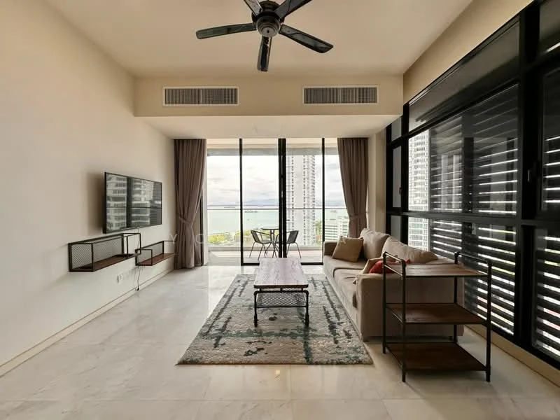 Living features: marble tile flooring, floor-to-ceiling windows, sliding glass door, 5-blade ceiling fan, wall-mounted TV, sofa in beige fabric, coffee table, area rug with geometric pattern, decorative wall shelving, curtains, city view; style: modern; view: city.