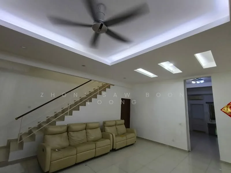 Living features: 5-blade ceiling fan with integrated LED light, cream leather sofa, recessed ceiling with LED lighting, white painted walls, tile flooring, staircase with wooden railing, wall-mounted light fixtures, open layout to adjacent room; style: modern.