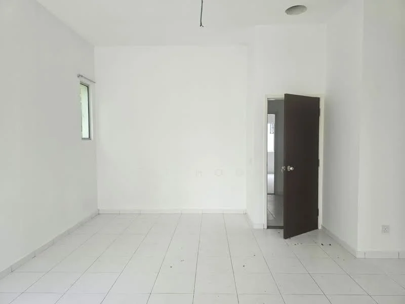 Room features: white painted walls, tile flooring, single window, door leading to another room, ceiling light fixture, empty space; style: minimalist.