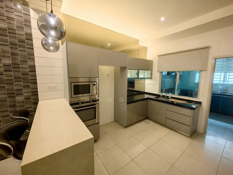 Kitchen features: grey cabinetry, black granite countertop, stainless-steel built-in oven, stainless-steel microwave, single-bowl stainless-steel sink, chrome pull-down faucet, tile backsplash with geometric pattern, ceramic tile flooring, recessed downlights, window with sheer blinds, bar counter with seating, kitchen island; style: modern.