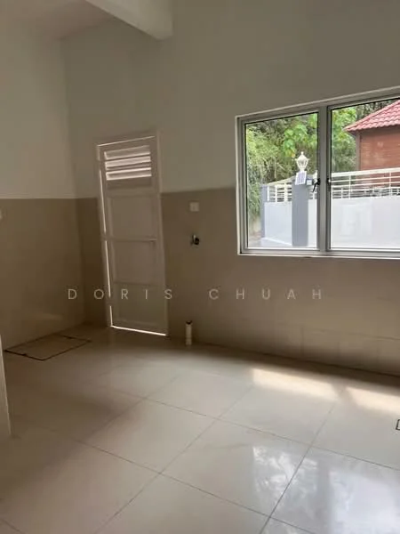 Room features: white painted walls, cream tiled flooring, large window with view of outdoor area, door leading to outdoor space, light-colored ceiling, no visible appliances or furniture.