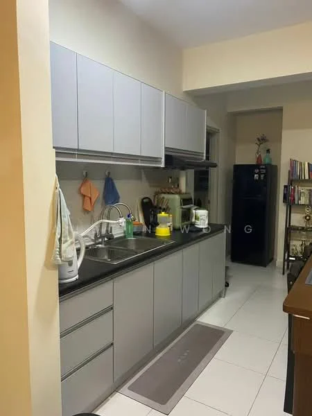 Kitchen features: grey cabinetry, stainless-steel sink, chrome pull-down faucet, black refrigerator, ceramic tile flooring, white walls, countertop with backsplash, kitchen utensils on countertop, kitchen towels hanging, open shelving, wall-mounted storage; style: modern.