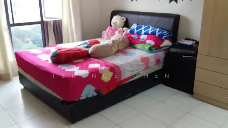 Bedroom features: queen-size bed with colorful bedding, upholstered headboard, stuffed toys on bed, nightstand with drawer, built-in wardrobe, floor-to-ceiling window, curtains, tile flooring.