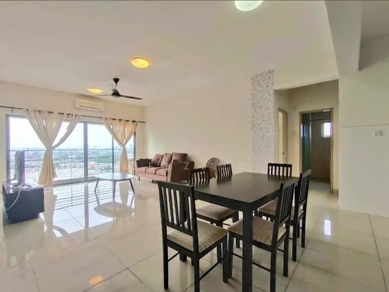 Living features: floor-to-ceiling windows, sliding glass door, 3-seater fabric sofa in beige, coffee table, wall-mounted TV, ceiling fan, recessed downlights, white painted walls, marble tile flooring, curtains, decorative wall with stone cladding, dining table with 6 chairs; style: modern; view: city. Room features: white painted walls, marble tile flooring.