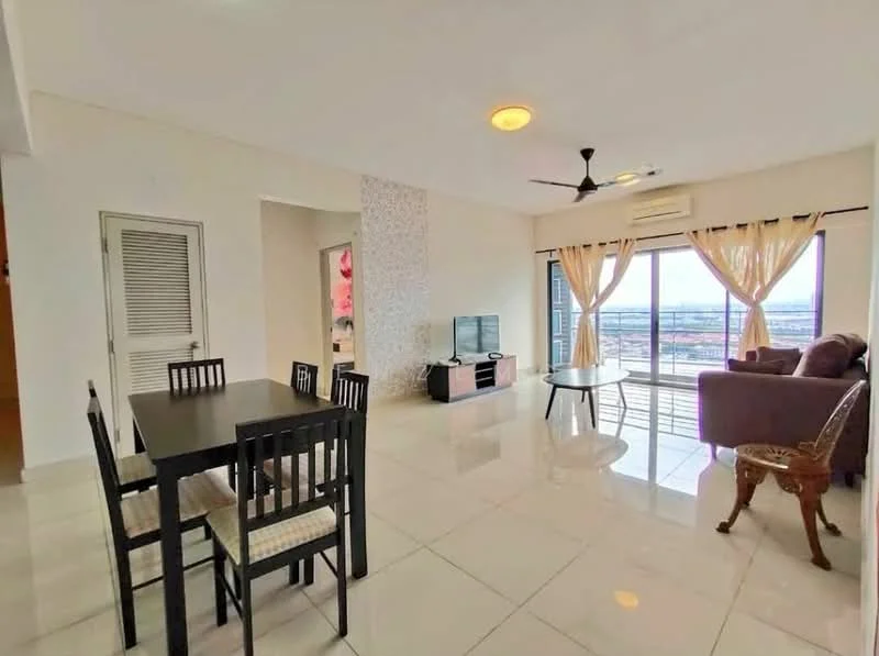Living features: white painted walls, glossy tile flooring, 5-blade ceiling fan with light, sofa in brown fabric, coffee table, wall-mounted TV, TV console in dark wood, floor-to-ceiling windows with sheer curtains, dining table for 4 with black chairs, decorative wall with patterned wallpaper; style: modern; view: city.