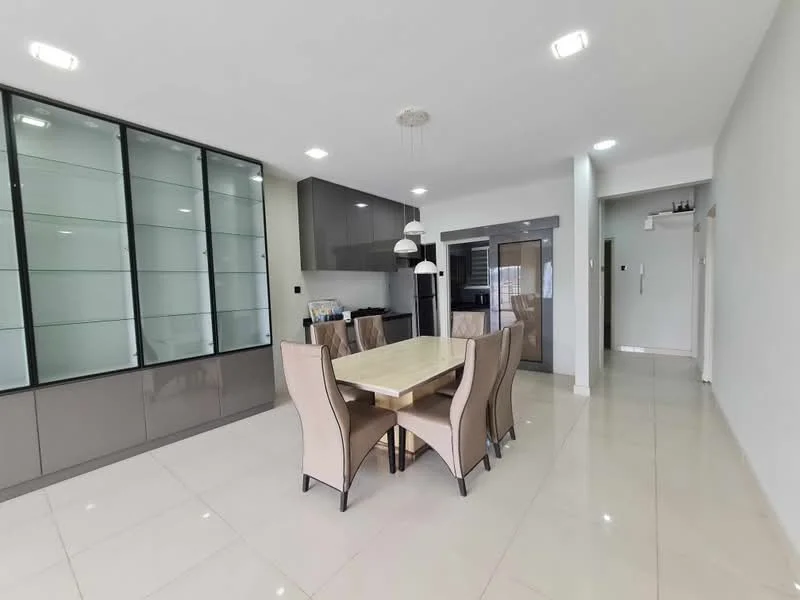Dining features: 6-seater dining table, upholstered dining chairs in beige, glass display cabinet, grey cabinetry, white walls, polished tile flooring, recessed LED downlights, pendant lighting above table, open layout to kitchen, floor-to-ceiling windows, neutral color palette; style: modern.