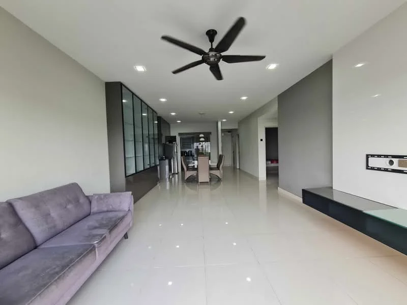 Living features: grey fabric sofa, 5-blade ceiling fan with light, white painted walls, polished ceramic tile flooring, recessed LED downlights, glass partition wall, dining table with chairs, TV console, open layout, large windows; style: modern.