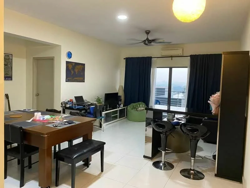 Living features: white painted walls, ceramic tile flooring, 5-blade ceiling fan with light, floor-to-ceiling windows, blackout curtains, TV console, wall-mounted TV, green bean bag chair, dining table with black chairs, bar stools, decorative pendant light; style: modern; view: city.