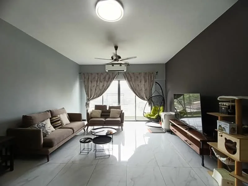 Living features: 3-seater fabric sofa in brown, 2-seater fabric sofa in beige, coffee table with round top, TV console in wood, wall-mounted TV, floor-to-ceiling windows, sheer curtains, ceiling fan with light, recessed downlights, hanging chair in green, marble tile flooring, grey accent wall, decorative cushions; style: modern; view: city.
