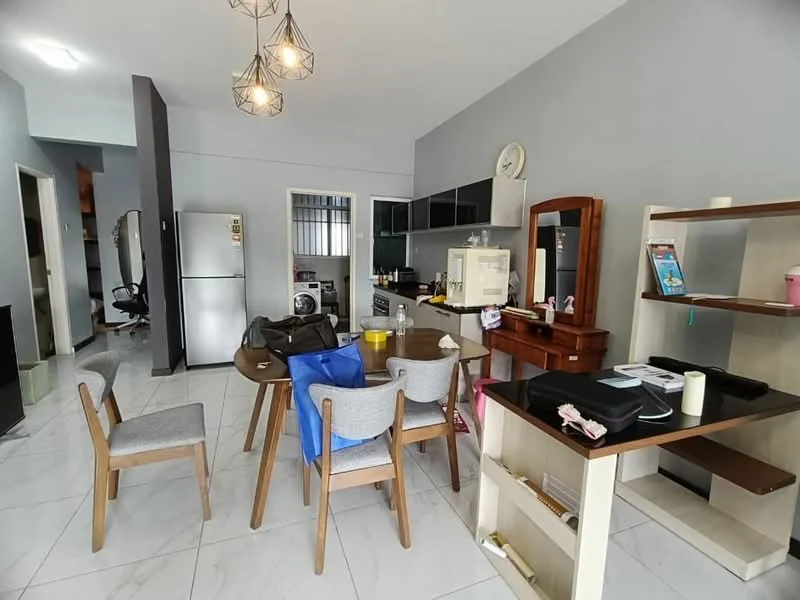 Living features: grey painted walls, marble tile flooring, 5-blade ceiling fan with light, round dining table, 4 dining chairs, wooden sideboard, refrigerator, microwave, kitchen cabinetry, decorative wall clock, open shelving unit, various personal items on surfaces; style: modern.