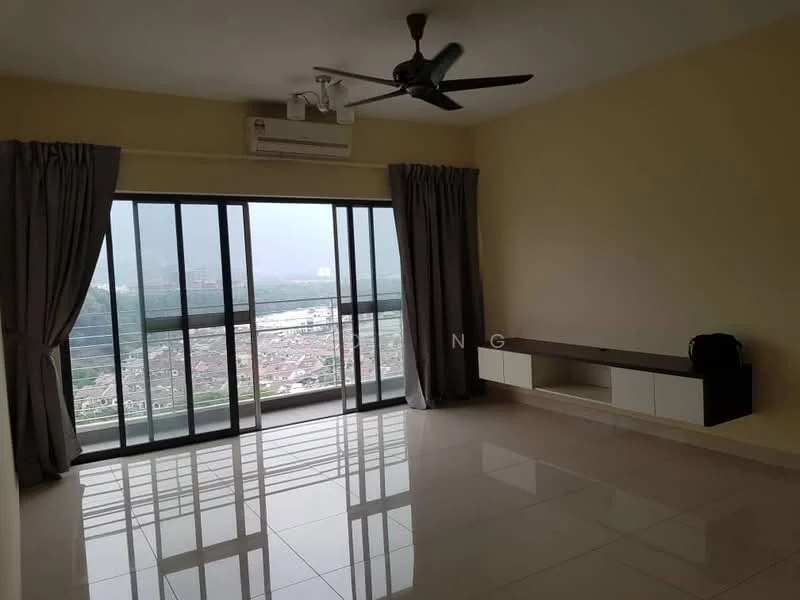 Living features: floor-to-ceiling windows, sliding glass door, grey curtains, wall-mounted TV console, cream painted walls, polished tile flooring, 1 wall-mounted split AC, ceiling fan, decorative wall panel, city view; style: modern; view: city.