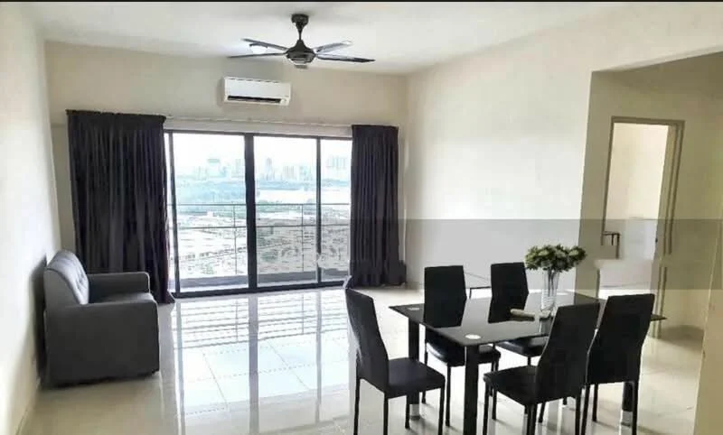 Living features: 5-blade ceiling fan with light, floor-to-ceiling windows, sliding glass door, grey fabric sofa, 6-seater dining table, black dining chairs, marble tile flooring, curtains, air conditioning unit; style: modern; view: city.
