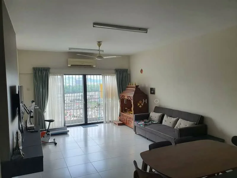 Living features: grey fabric sofa, wooden dining table, 4 dining chairs, wall-mounted TV, TV console, floor-to-ceiling windows, sliding glass door, white painted walls, tile flooring, ceiling fan, air conditioning unit, decorative wooden cabinet, curtains, area rug; style: modern; view: city.