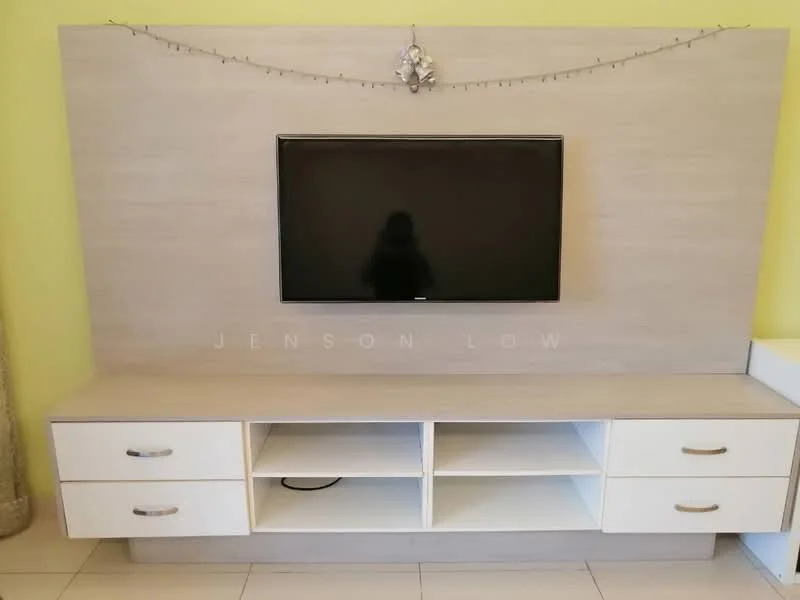 Living features: light wood TV console with drawers, wall-mounted flat-screen TV, white cabinetry, open shelving, neutral wall color, decorative string lights, ceramic tile flooring; style: modern.