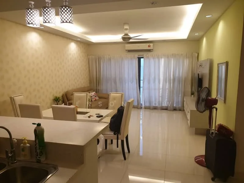 Living features: cream painted walls, white ceiling with recessed lighting, 5-blade ceiling fan with light, floor-to-ceiling windows with sheer curtains, light-colored sofa, dining table with white chairs, TV console, wall-mounted TV, polished tile flooring, decorative wall paneling, area rug, air conditioning unit; style: modern.
