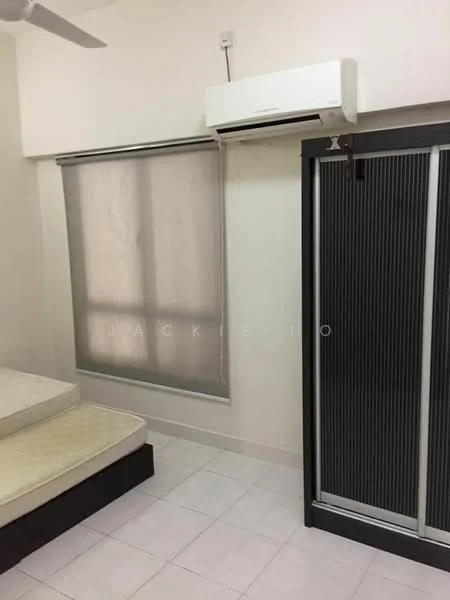 Room features: white painted walls, tile flooring, 1 wall-mounted split AC, ceiling fan, window with sheer blinds, built-in wardrobe with sliding doors, bed base without mattress; style: modern.