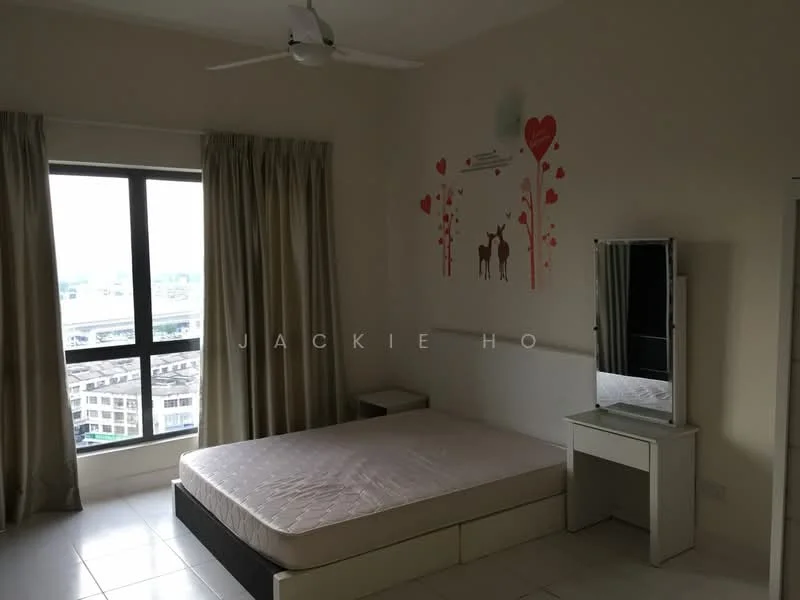 Bedroom features: floor-to-ceiling window, white painted walls, light-colored curtains, ceiling fan, queen-size bed base, mirror dresser, tile flooring, decorative wall decals with hearts and deer; style: modern; view: city.